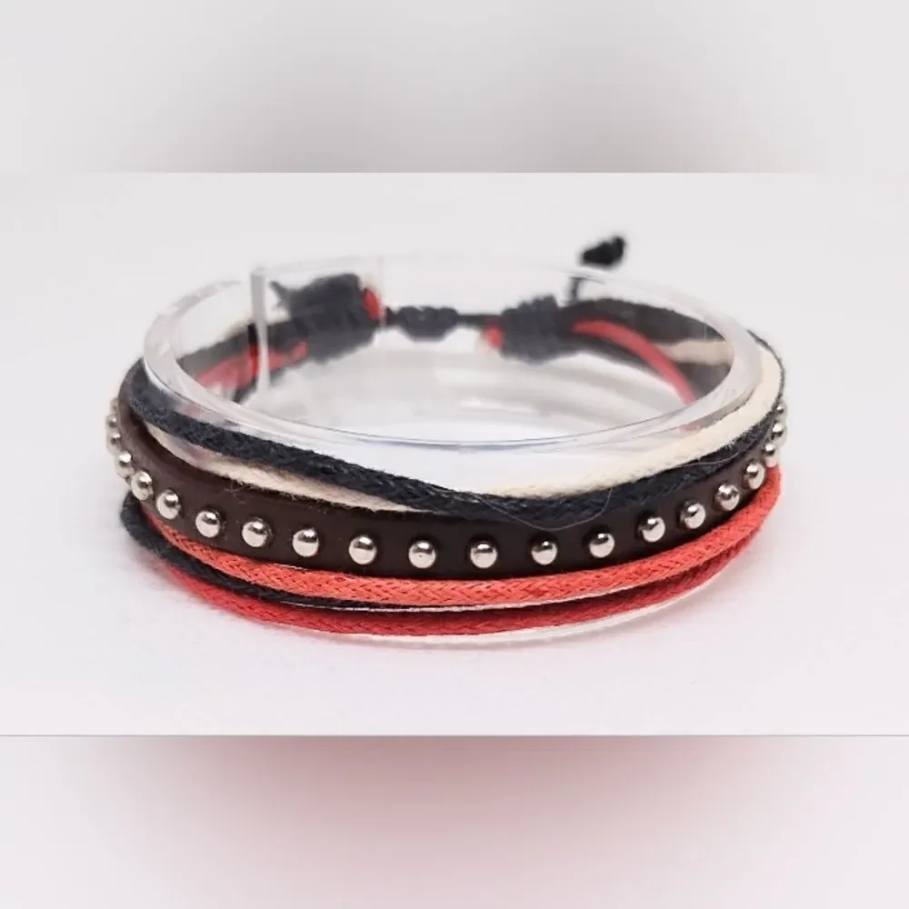 Men's bracelet leather‎ layered black new e6